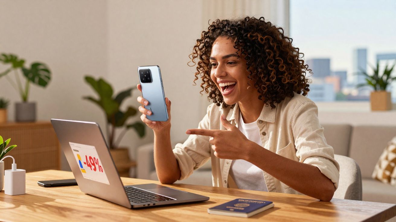 Mulher sorrindo usando smartphone e laptop com desconto de 49% em ambiente claro e moderno.