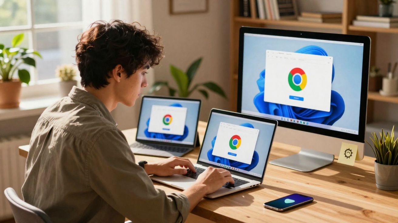 Pessoa usando laptop com navegador Google Chrome aberto em três telas na mesa de madeira.