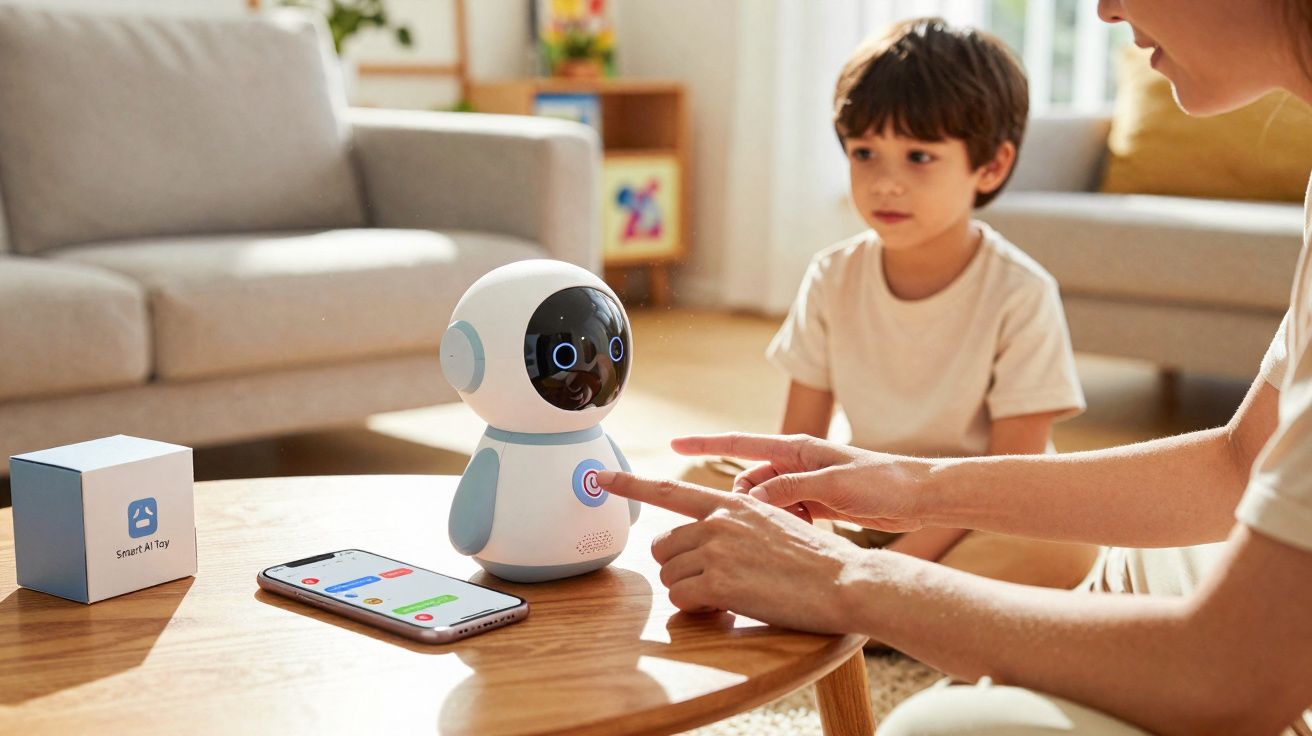 Criança e adulto interagindo com robô educacional branco e azul em mesa de madeira na sala.