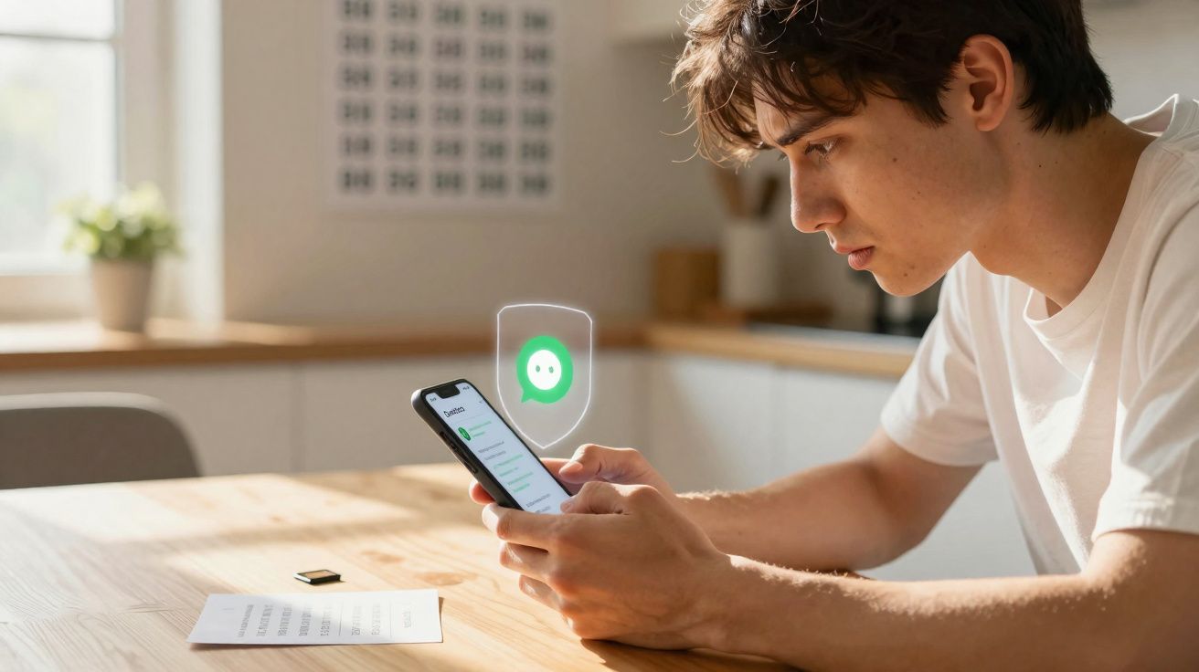 Jovem sentado à mesa usando smartphone com notificação de aplicativo de mensagens em ambiente claro.