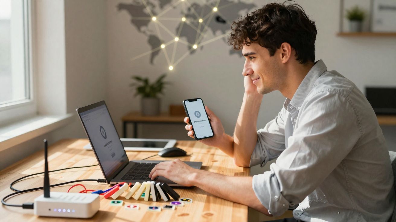 Jovem sentado à mesa usando laptop e celular com aplicativo aberto, ambiente iluminado e decorado.
