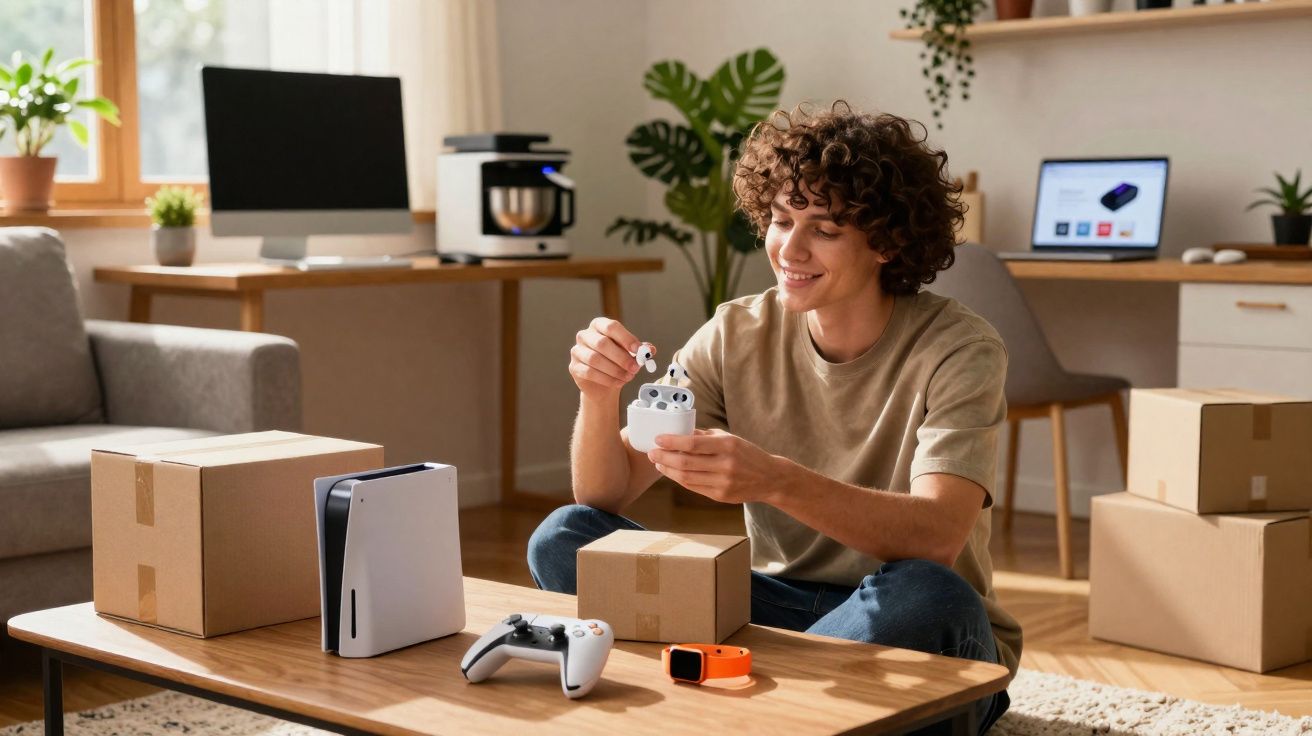 Jovem sentado sorrindo enquanto segura fones de ouvido sem fio em sala com caixas e videogame.