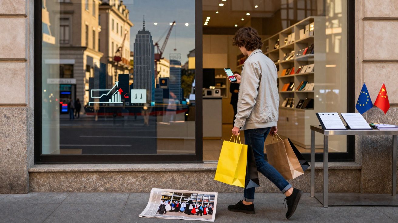Pessoa com sacolas de compras usando celular em frente a vitrine com gráficos e prédios refletidos.