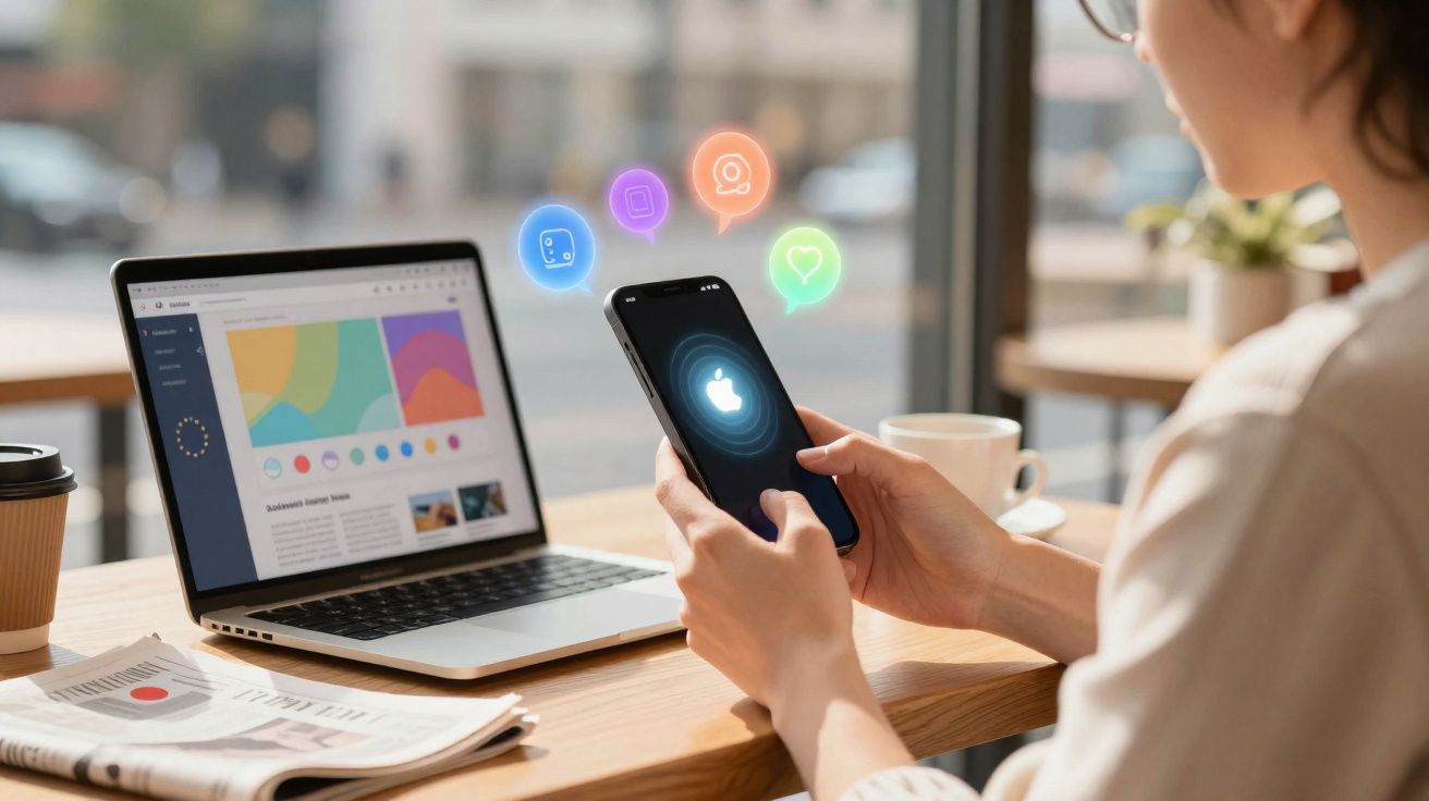 Pessoa segurando iPhone com ícones de aplicativos digitais ao lado e notebook aberto em mesa de madeira.