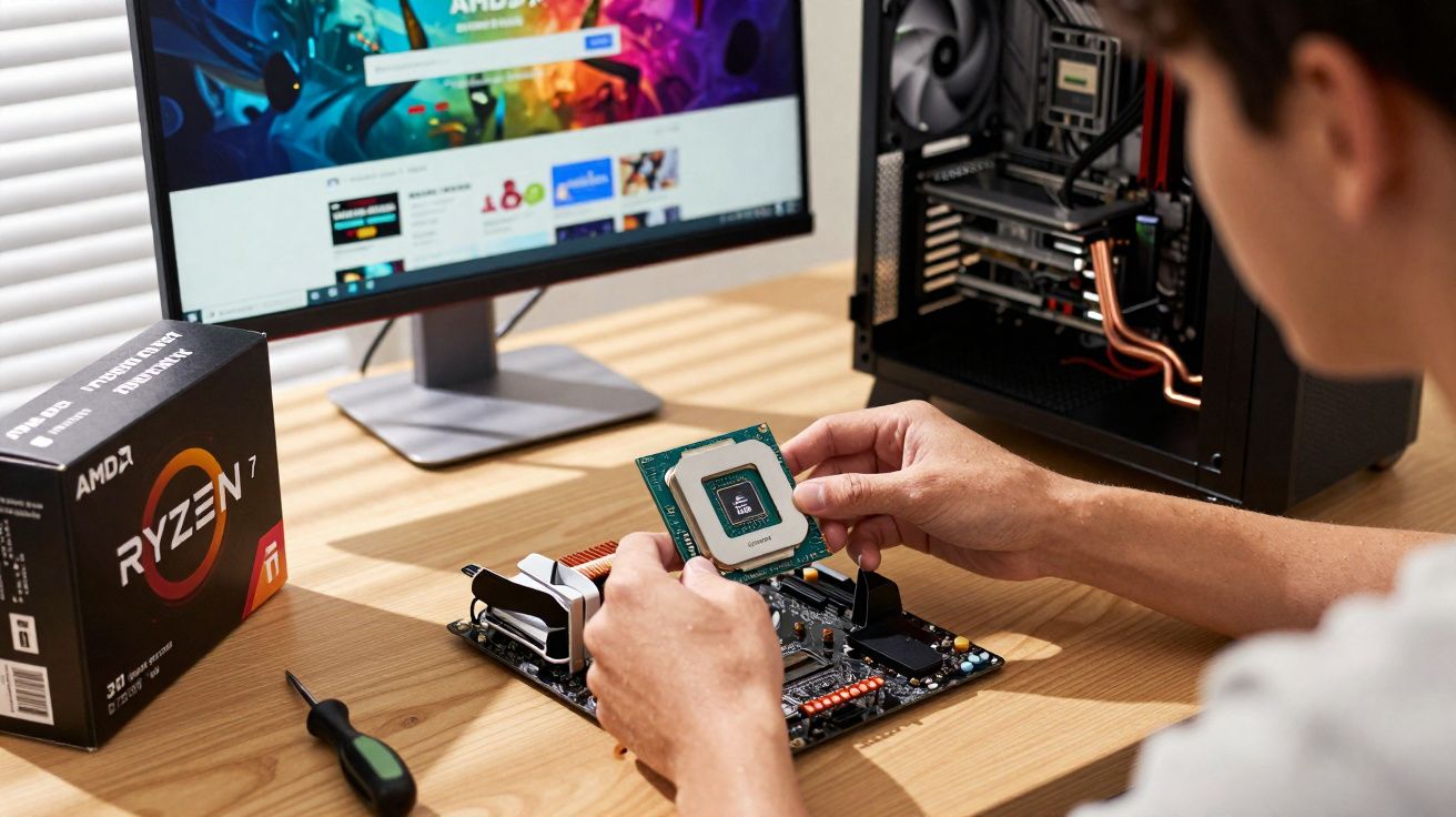 Pessoa instalando processador AMD Ryzen 7 em placa-mãe, ao lado de monitor e caixa do processador.