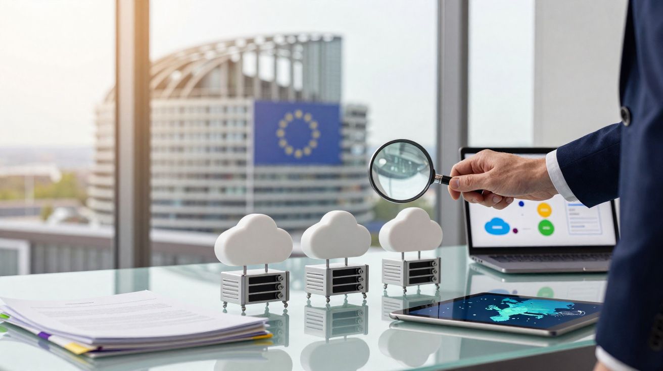 Pessoa com lupa observando miniaturas de nuvens de armazenamento digital sobre mesa com prédio da União Europeia ao fundo.