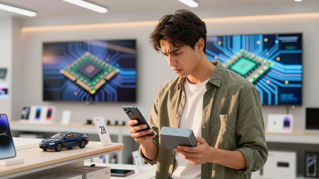 Jovem em loja de eletrônicos segurando caixa de produto e celular, avaliando compra.