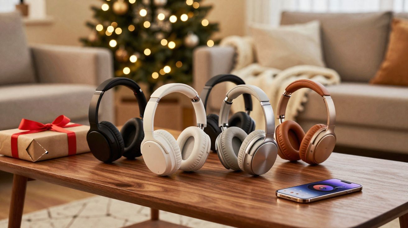 Quatro fones de ouvido de cores variadas alinhados sobre mesa com celular e presente, árvore de Natal ao fundo.