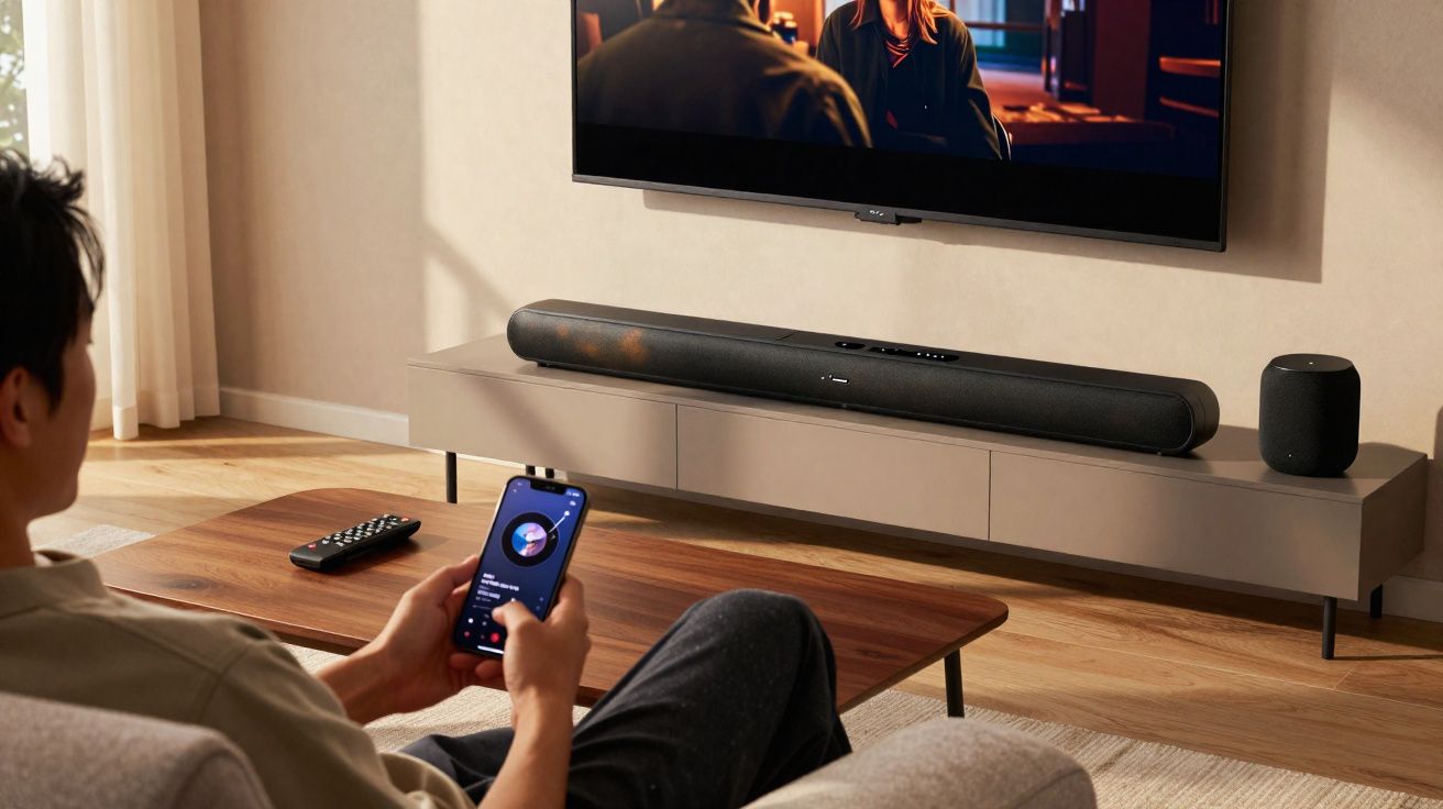 Pessoa sentada no sofá controlando uma soundbar e smart speaker com celular em sala moderna.