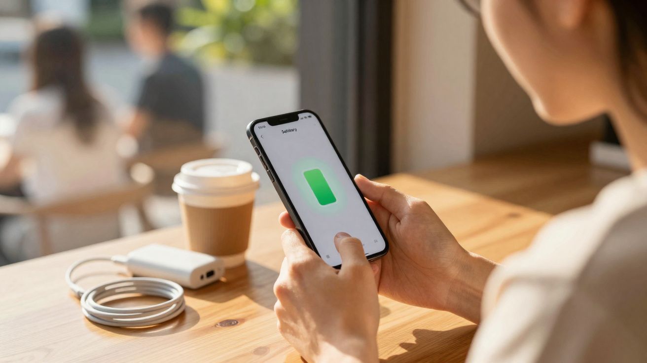 Pessoa segurando celular com tela de carregamento, mesa de madeira com café e carregador portátil.