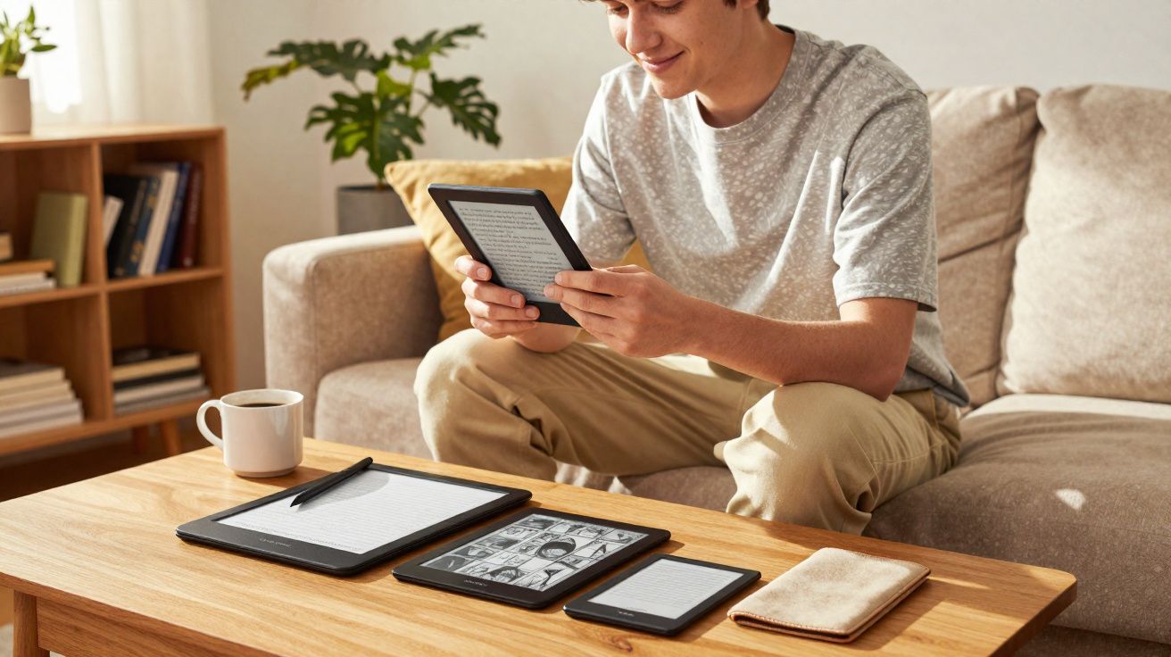 Jovem sentado no sofá lendo em um leitor digital, com três dispositivos digitais e café na mesa à frente.