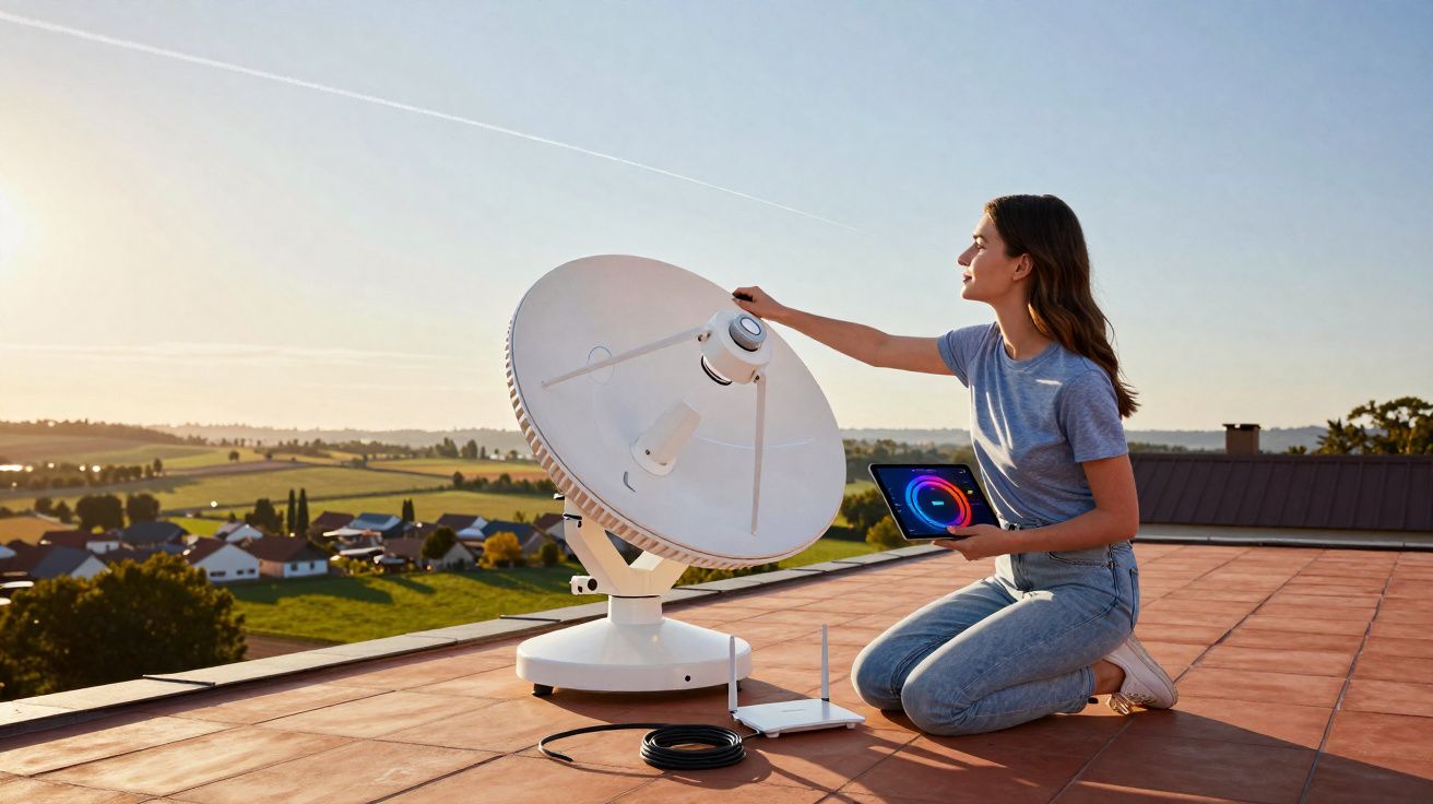 Mulher ajusta antena parabólica no telhado ao pôr do sol segurando tablet com gráfico colorido.