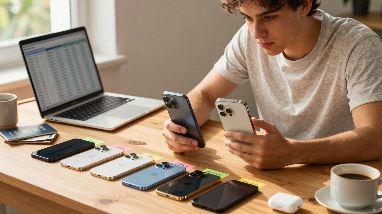 Jovem analisando vários celulares organizados em linha sobre mesa com notebook, cadernos e café ao lado.