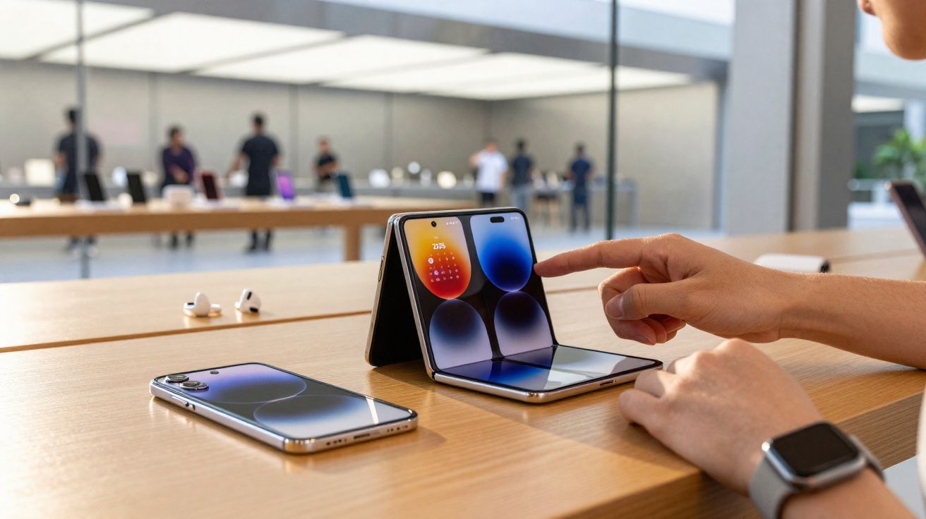 Pessoa interagindo com smartphone dobrável aberto em mesa de loja, ao lado de outro celular e fones.