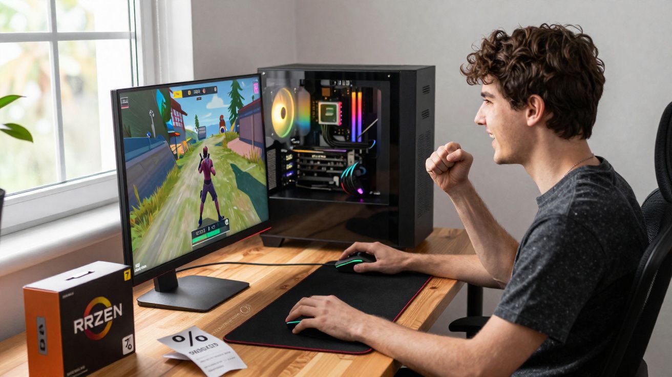 Jovem jogando videogame em computador de mesa com gabinete transparente e iluminação RGB.