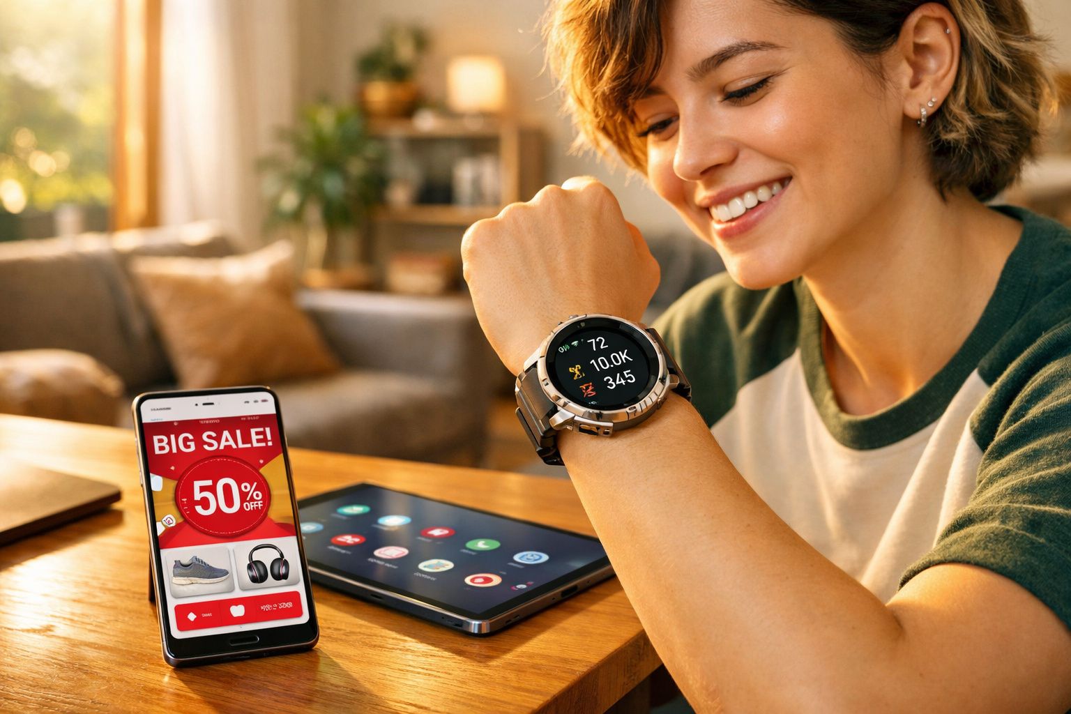 Mulher sorridente consultando smartwatch, com smartphone e tablet na mesa mostrando promoção de 50% off.
