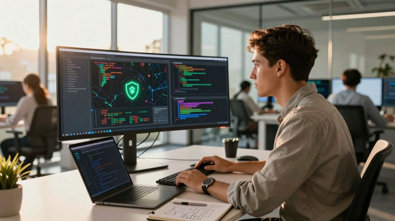 Jovem programador trabalhando em análise de segurança cibernética em escritório moderno.