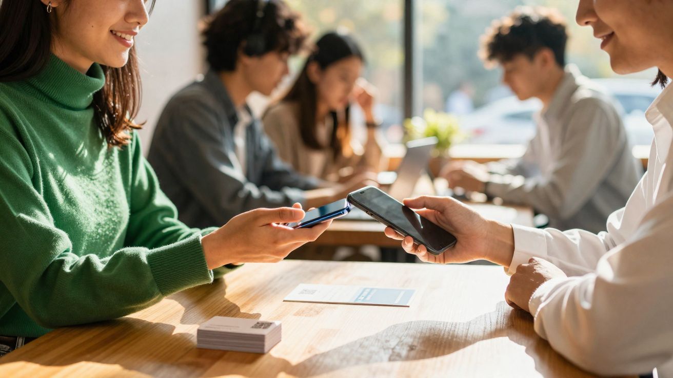 Duas pessoas trocando informações via celular em mesa de madeira, com três pessoas ao fundo trabalhando.