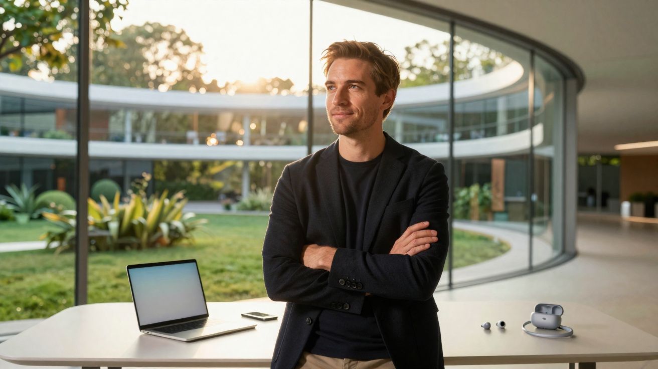 Homem sorridente e pensativo com braços cruzados em ambiente moderno, com laptop e fones sobre a mesa.