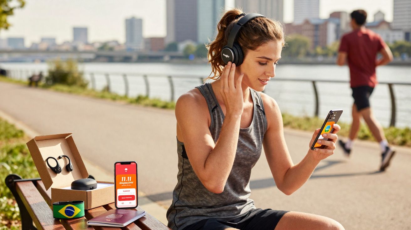 Mulher com roupa esportiva e fone de ouvido ajusta música no celular durante pausa em parque urbano.
