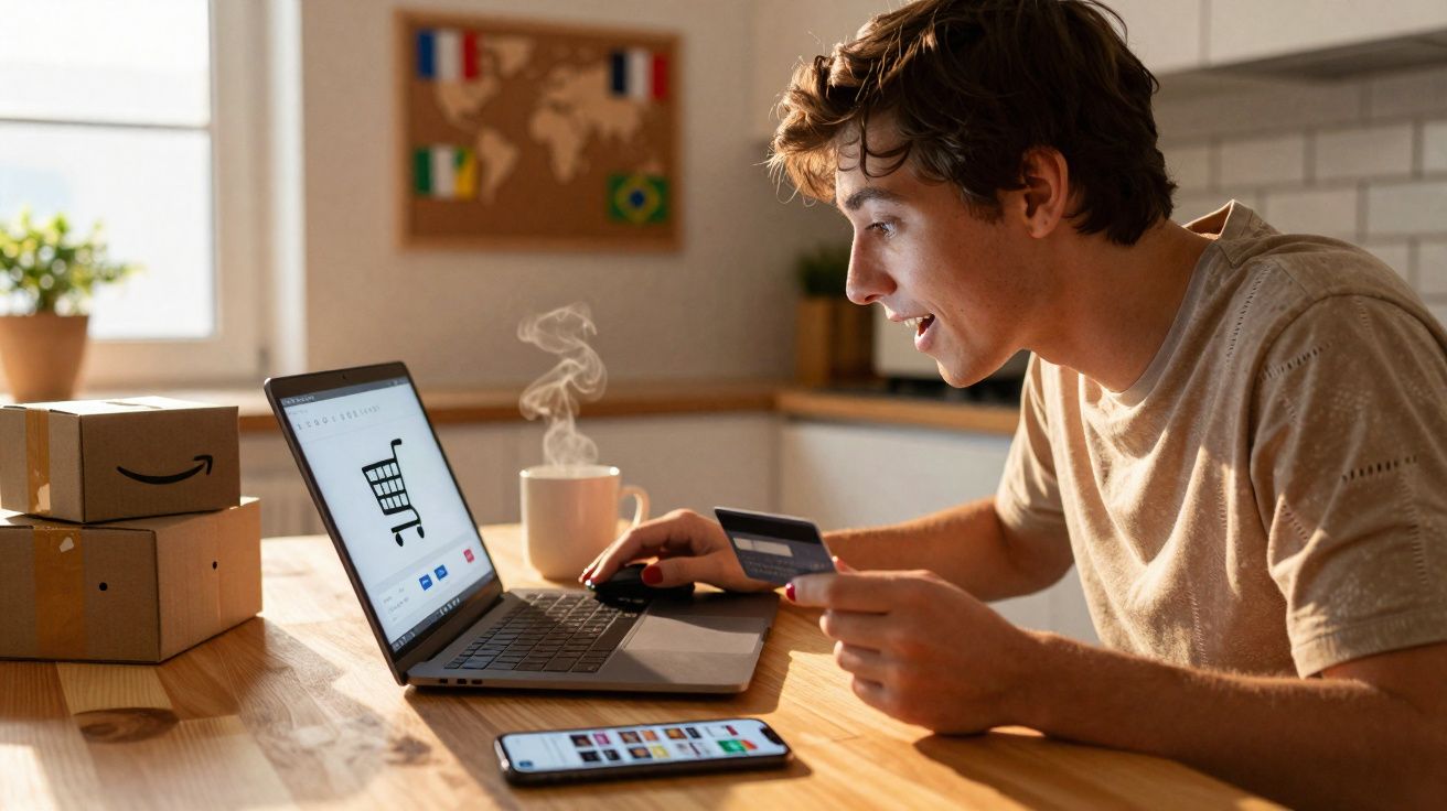 Jovem segurando cartão de crédito enquanto faz compra online no laptop, com celular e caixas ao lado.