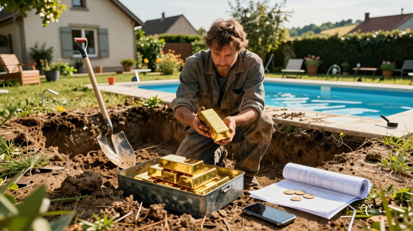 Homem desenterrando barras de ouro próximo a piscina em quintal residencial ensolarado.