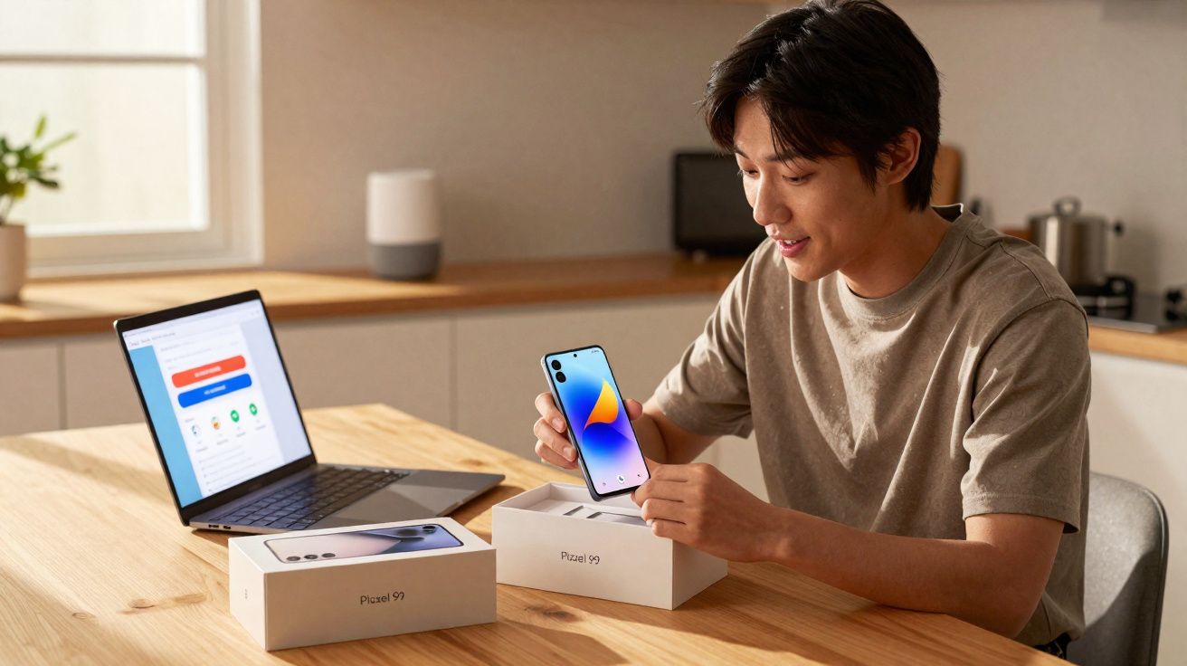 Homem sentado à mesa segurando smartphone Pixel 9 recém tirado da caixa, com laptop aberto ao lado, em cozinha.
