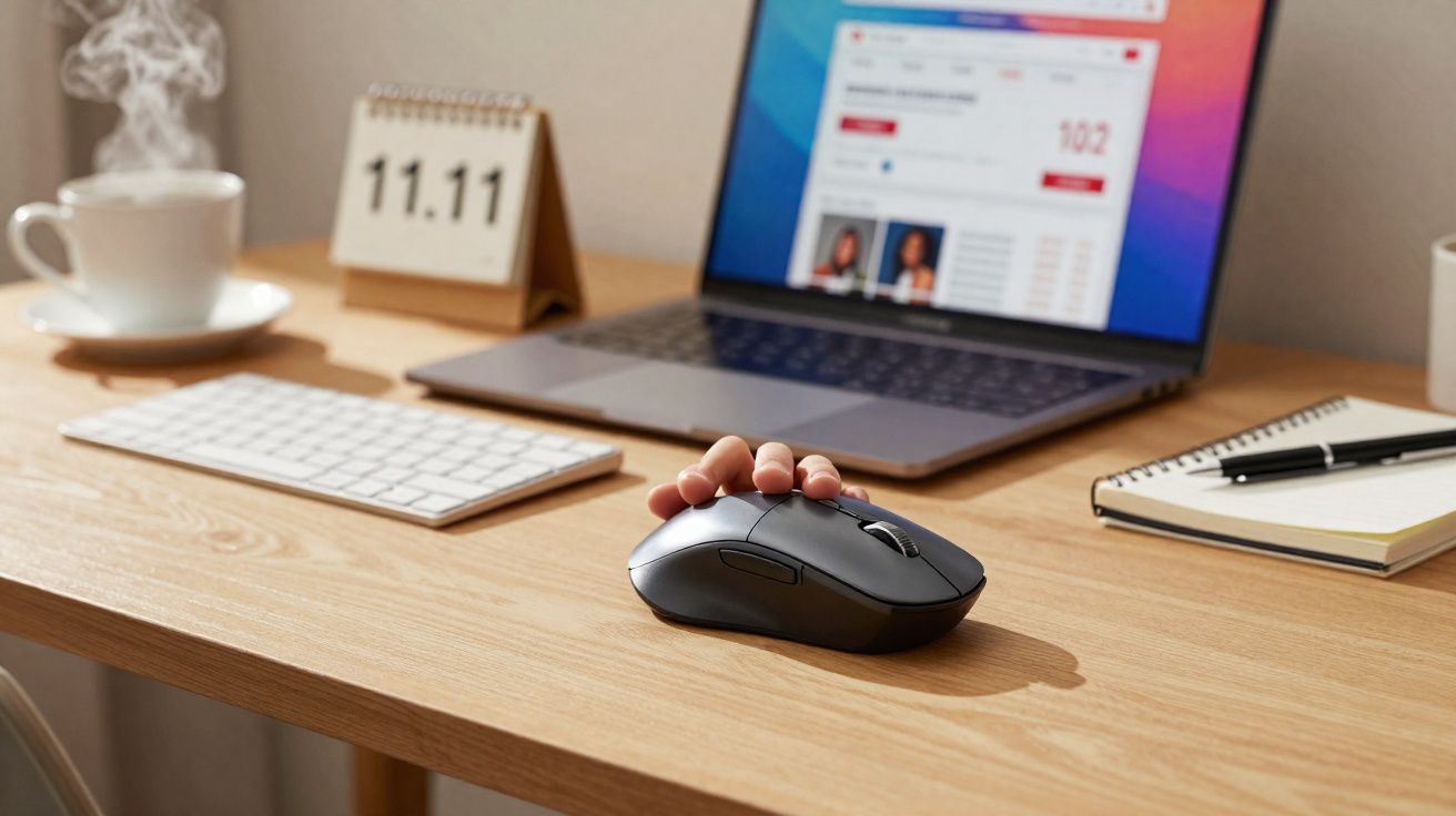 Mesa de trabalho com notebook, teclado, mouse, calendário 11.11, café quente e caderno com caneta.