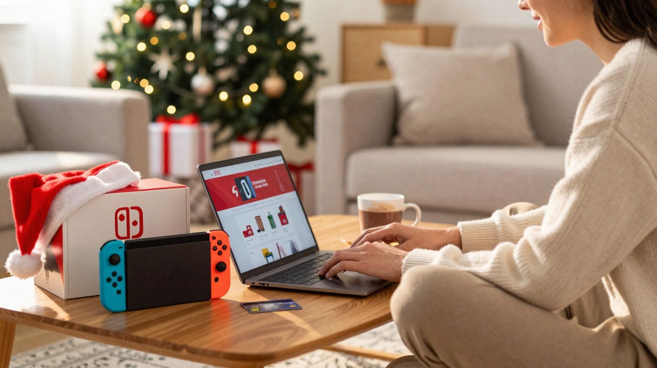 Pessoa fazendo compras online em laptop com controle de videogame e árvore de Natal ao fundo.