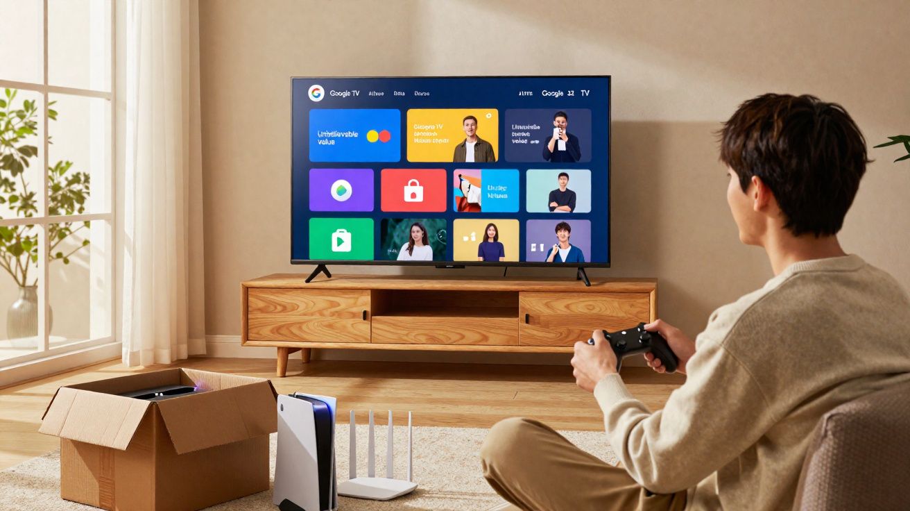 Homem sentado no chão usando controle para jogar videogame conectado à TV em sala clara e moderna.