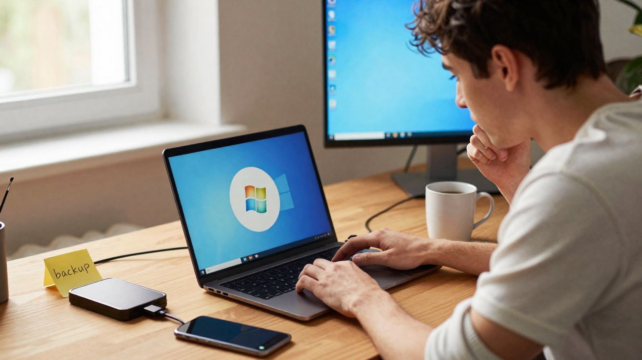 Homem trabalhando em laptop com tela do Windows, ao lado de outro monitor, celular e HD externo sobre mesa.