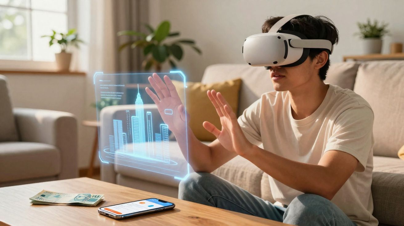 Homem usando óculos de realidade virtual interage com holograma de prédios em sala de estar.