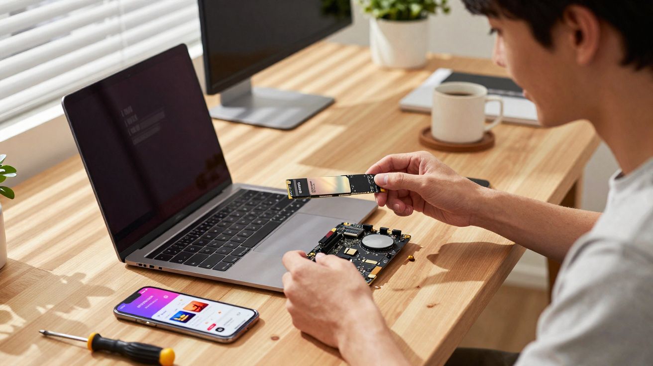 Pessoa segurando placa de computador e SSD perto de notebook em mesa de madeira clara