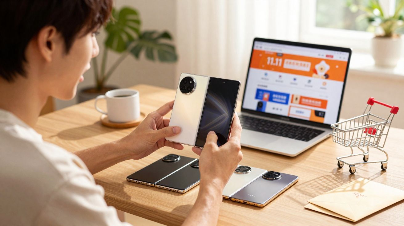 Pessoa segurando smartphone dobrável ao lado de três celulares e laptop em mesa com mini carrinho de compras.