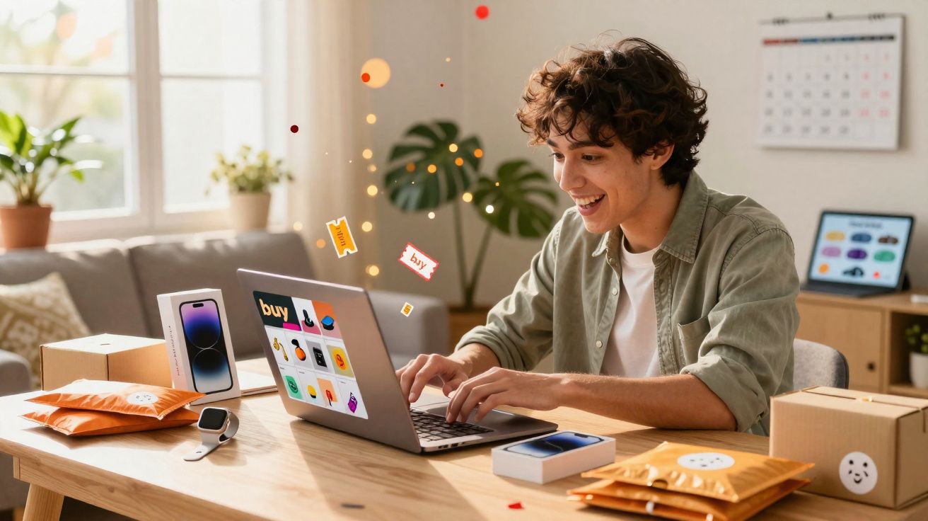 Jovem sorridente faz compras online em laptop cercado por pacotes e tecnologia em ambiente iluminado.