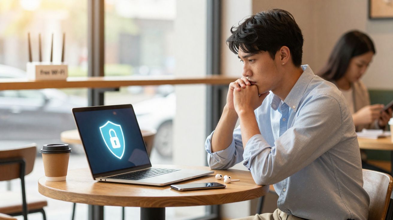 Homem pensativo sentado em cafeteria com laptop mostrando ícone de cadeado e dispositivos eletrônicos na mesa.
