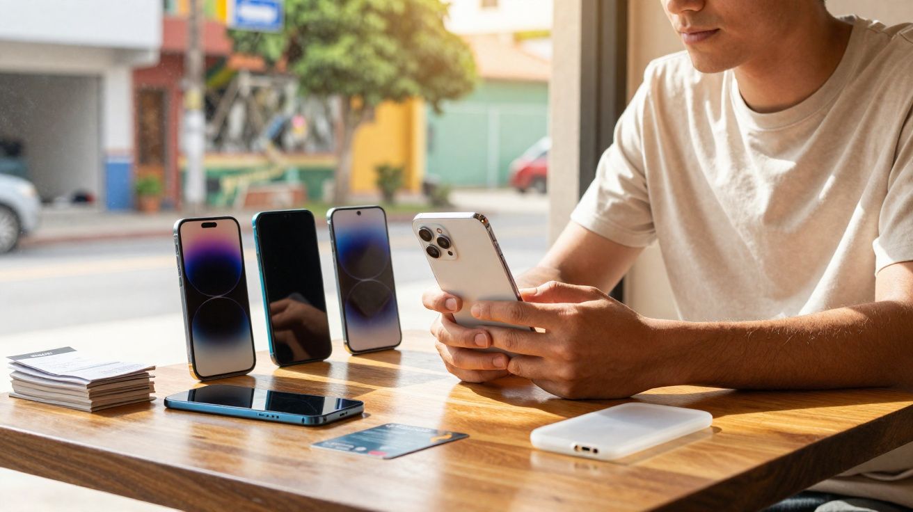 Pessoa sentada em mesa com quatro smartphones, cartão e carregador, usando um dos aparelhos.