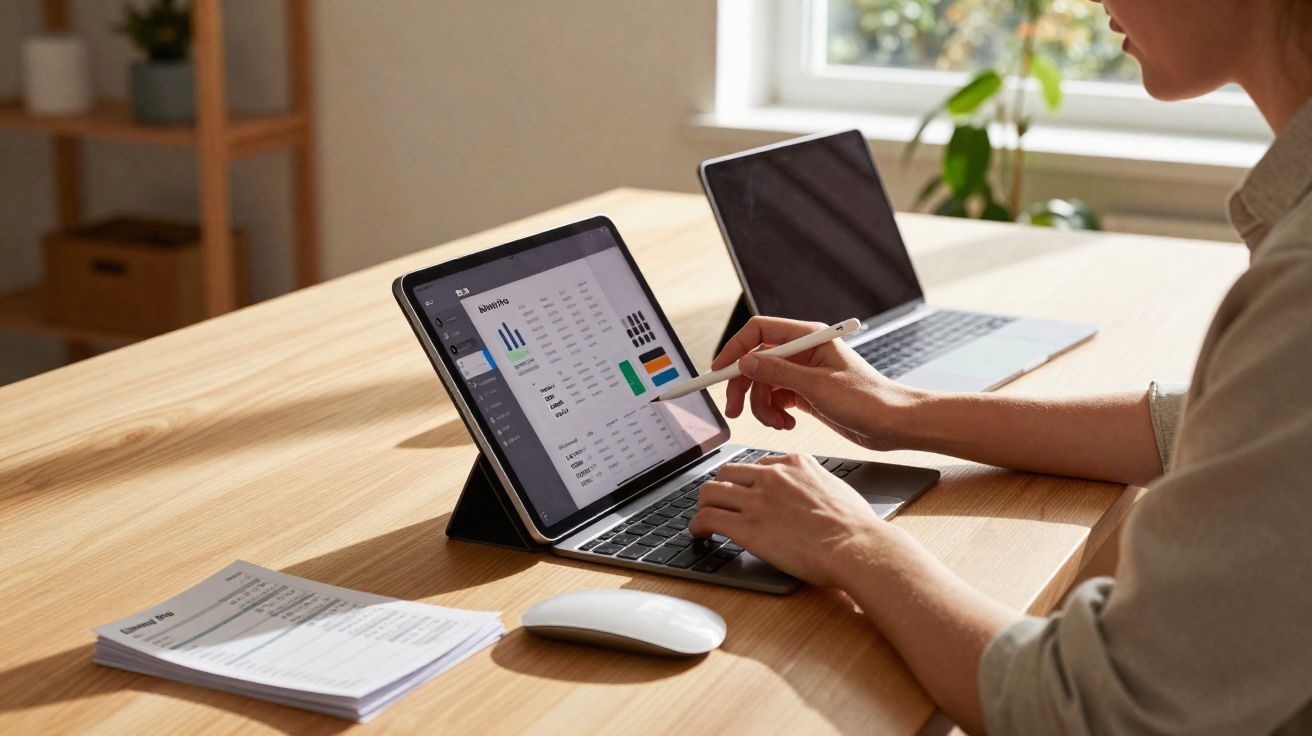 Pessoa usando tablet com caneta eletrônica para analisar gráficos financeiros numa mesa com laptop e documentos.