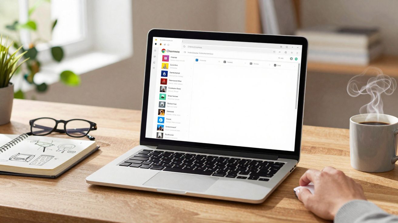 Notebook aberto com aplicativo de mensagens, xícara de café fumegante, caderno de anotações e óculos sobre mesa de madeira.