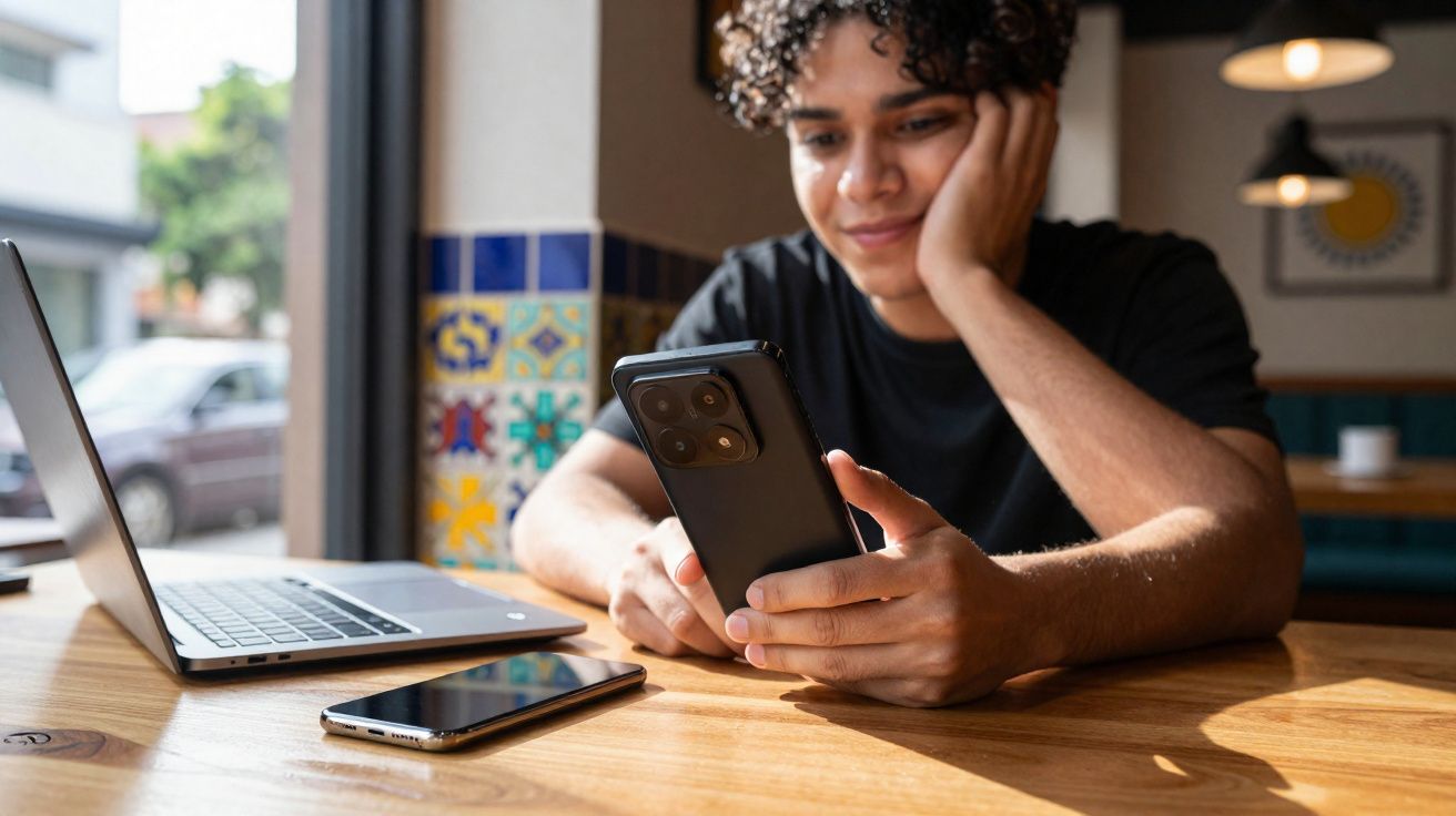 Jovem sentado em mesa com laptop e dois celulares, olhando e mexendo no celular com sorriso leve.