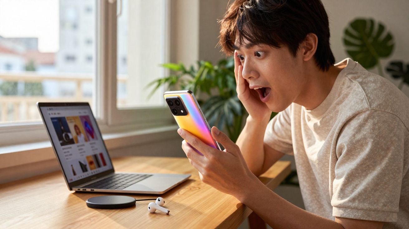 Homem surpreso olhando para celular colorido sentado à mesa com laptop e fones sem fio ao fundo.