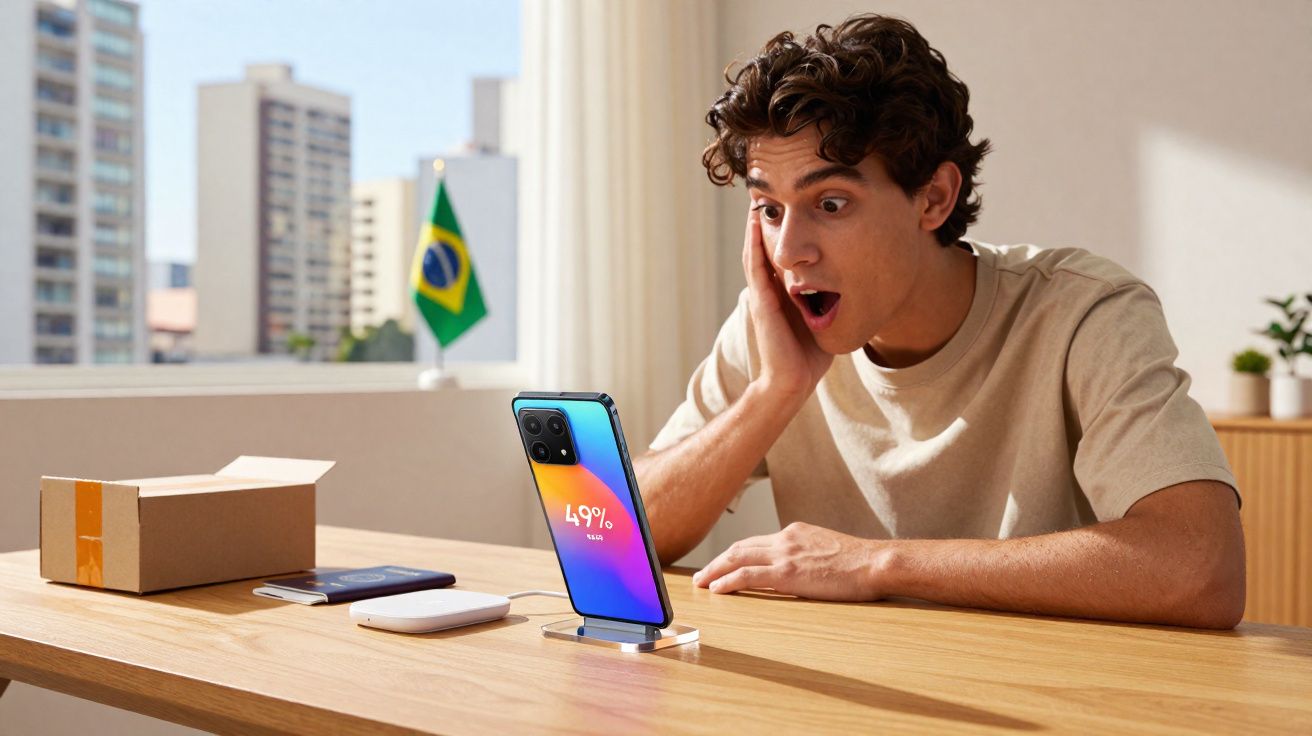 Homem surpreso olhando para smartphone carregando sobre a mesa com bandeira do Brasil ao fundo.
