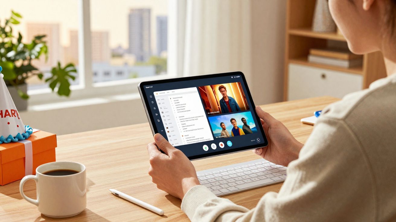 Pessoa assistindo vídeo em tablet apoiado sobre mesa com café, caneta e teclado branco.