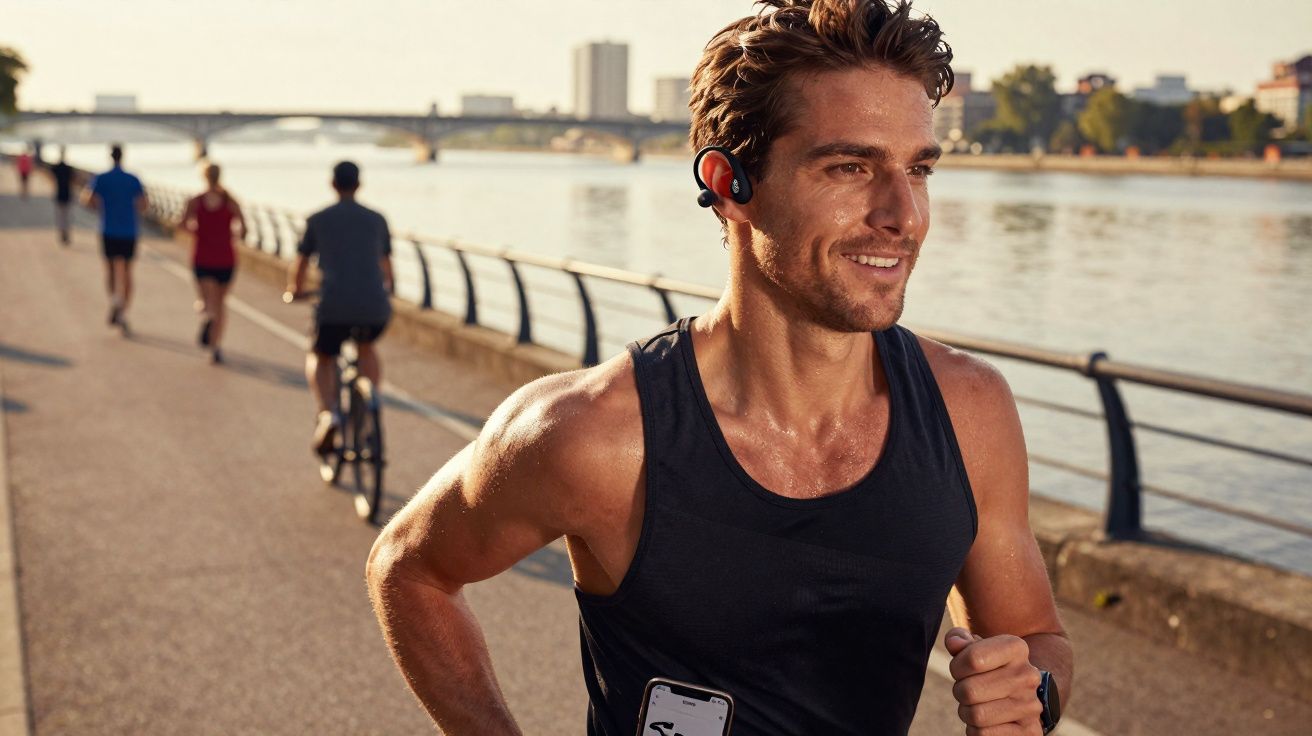 Homem sorridente correndo à beira de um rio com fones de ouvido e smartwach em dia ensolarado.