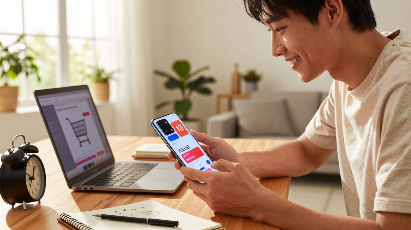 Homem sorridente olhando celular enquanto faz compras online em laptop numa mesa com caderno e relógio.