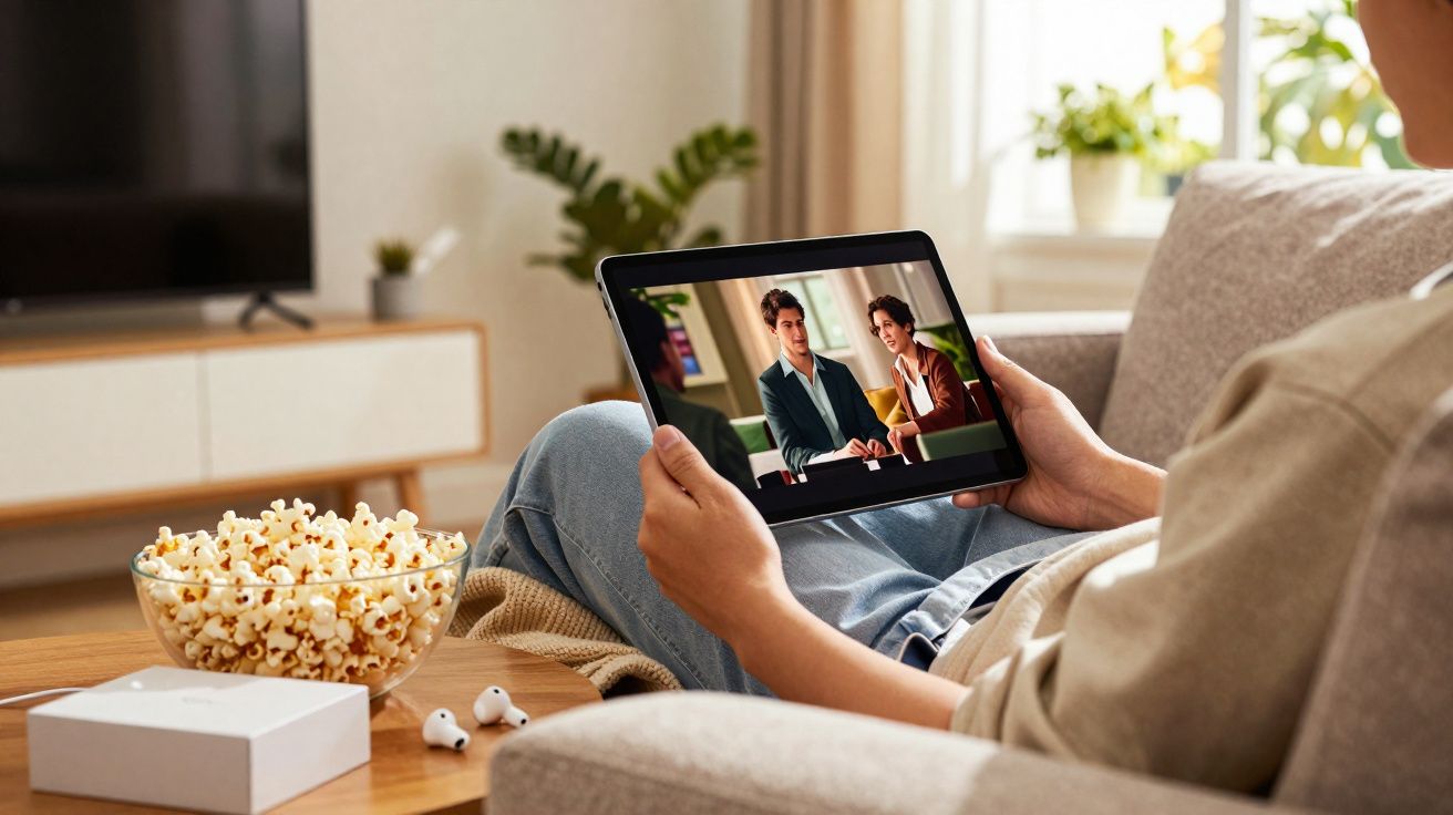 Pessoa sentada no sofá assistindo série em tablet com tigela de pipoca sobre a mesa.