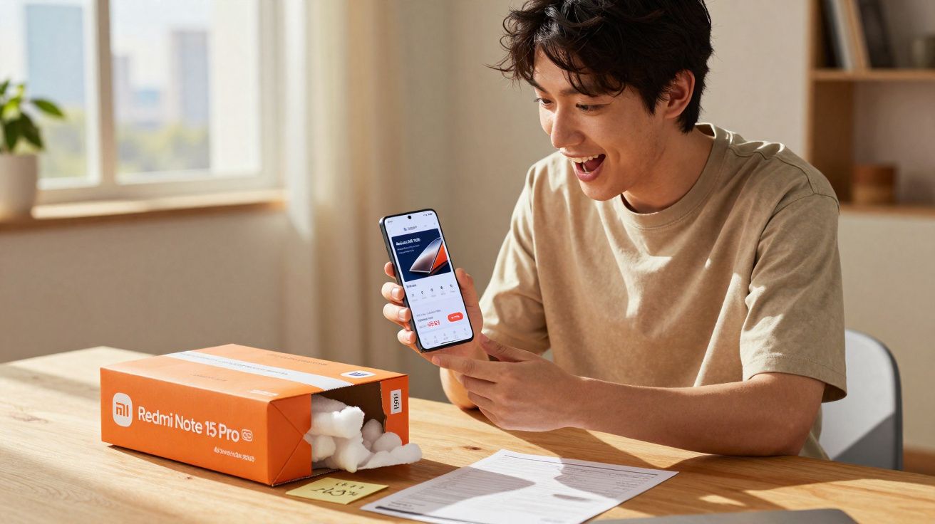 Jovem feliz mostrando smartphone Xiaomi Redmi Note 15 Pro após desembrulhar na mesa.