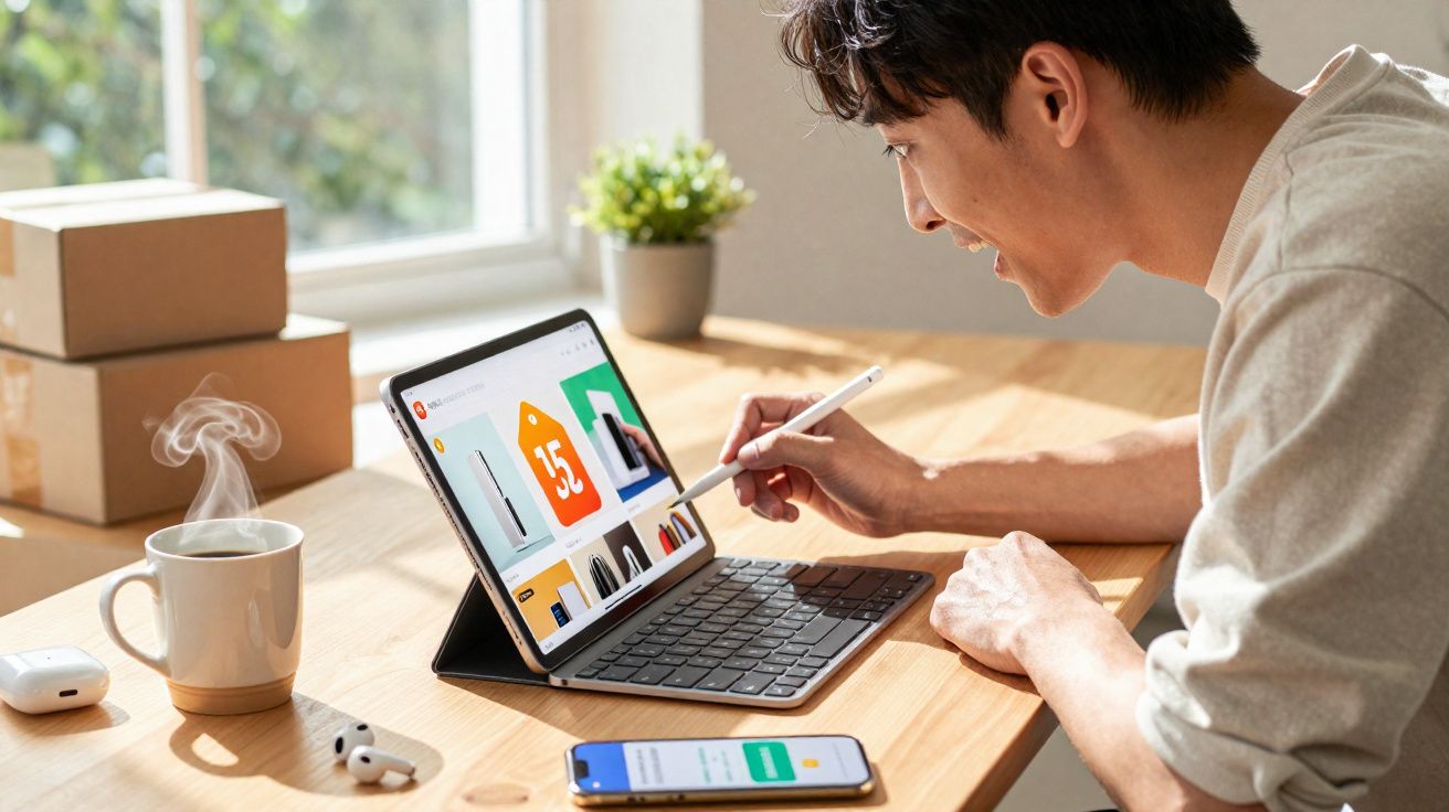 Jovem usando caneta digital em tablet com teclado em mesa de madeira, com café e fones sem fio ao lado.