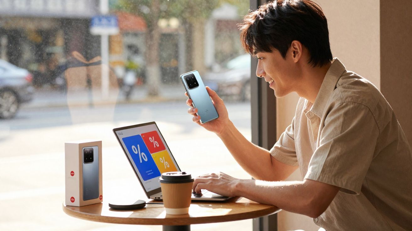 Homem sorrindo usando celular e laptop em mesa de café com caixa de smartphone ao lado.