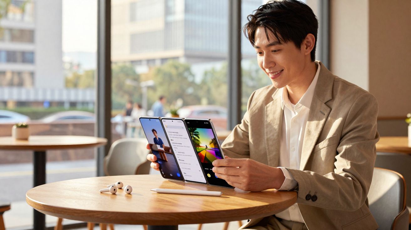 Homem sorridente sentado em mesa de café usando smartphone dobrável com múltiplas telas abertas.